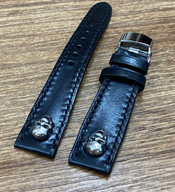 Watch Straps 20mm, Black Leather with Sterling Silver 925 Skull, Butterfly Clasp Wrist Watch Band replacement in 19mm, watchstrap 22mm