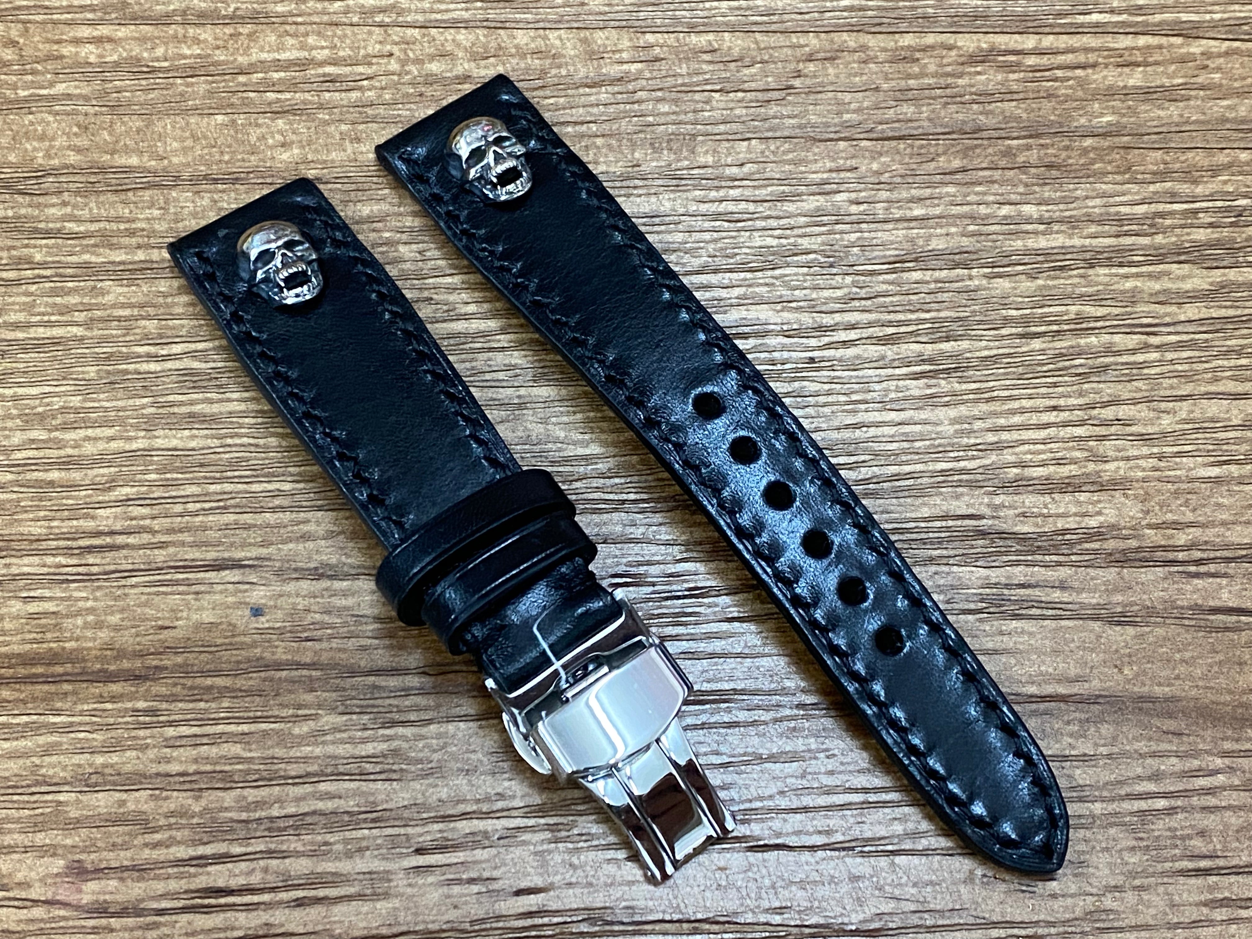 Watch Straps 20mm, Black Leather with Sterling Silver 925 Skull, Butterfly Clasp Wrist Watch Band replacement in 19mm, watchstrap 22mm