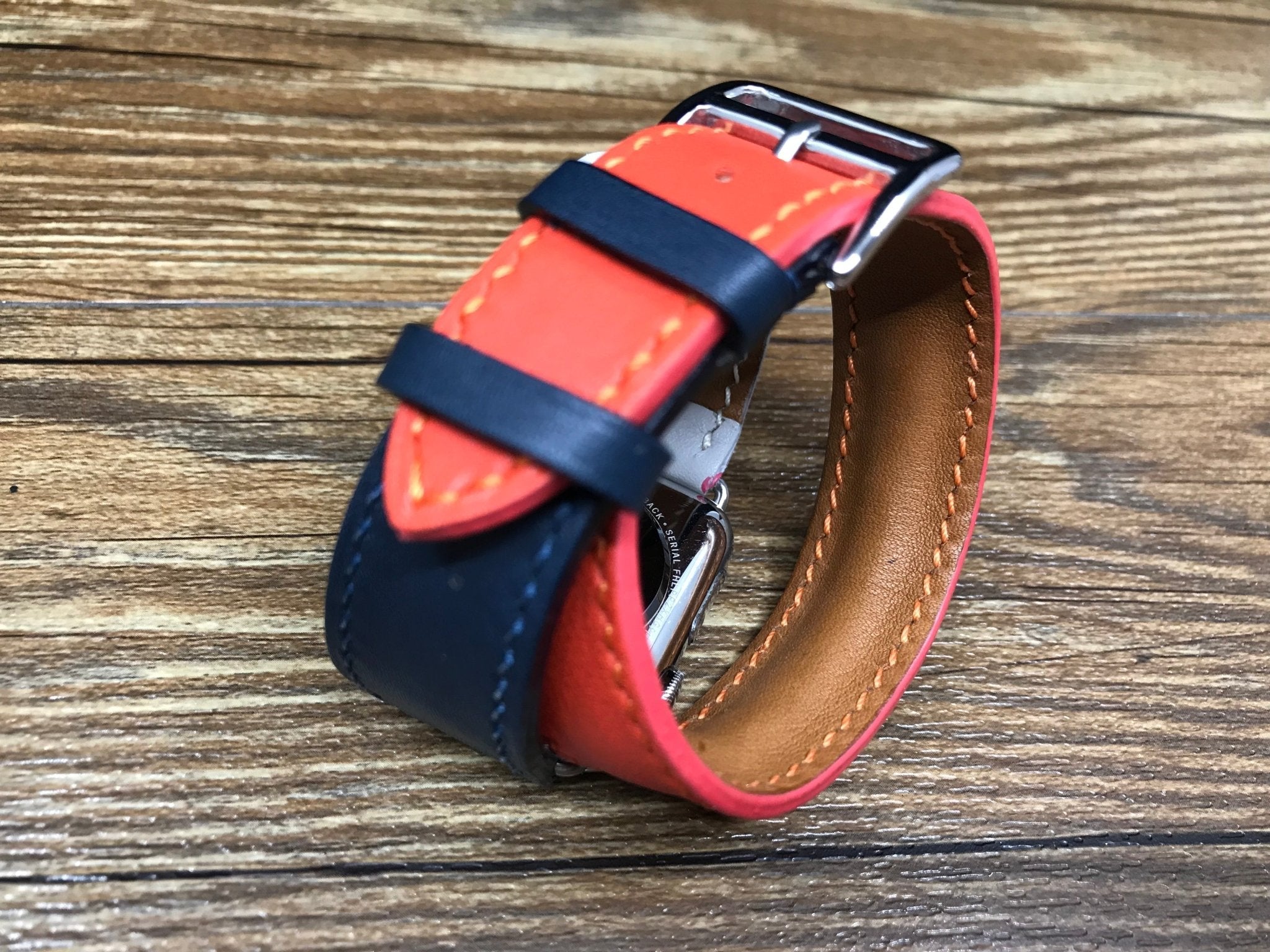 Apple Watch 40mm 38mm, Apple Watch Series 7, Double Tour Series 4, Indigo / Craie / Orange Swift Leather, Apple Watch Band Straps, Gift Ideas - eternitizzz-straps-and-accessories