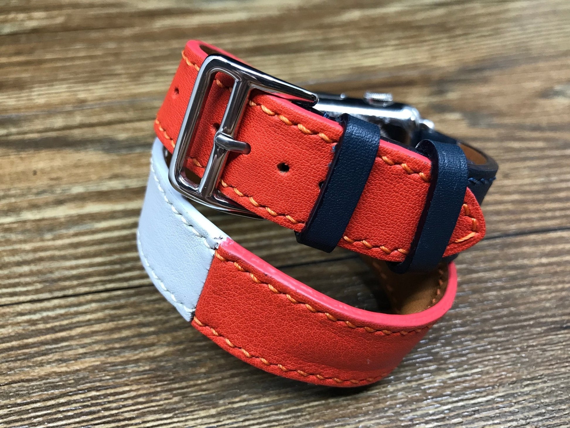 Apple Watch 40mm 38mm, Apple Watch Series 7, Double Tour Series 4, Indigo / Craie / Orange Swift Leather, Apple Watch Band Straps, Gift Ideas - eternitizzz-straps-and-accessories