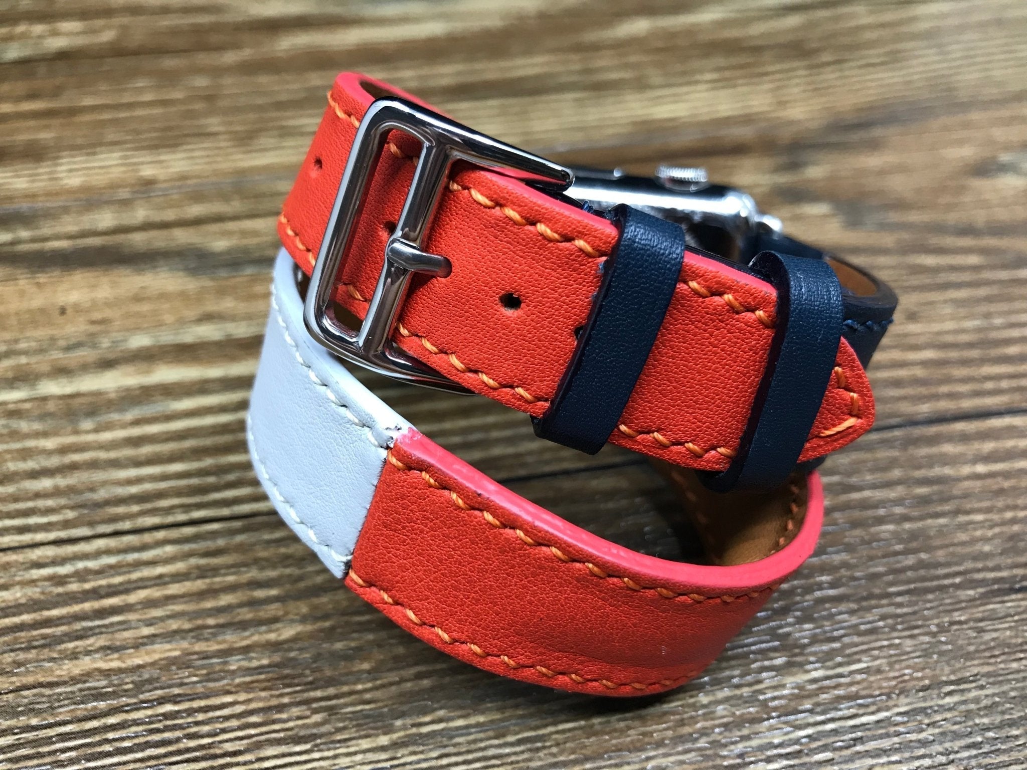 Apple Watch 40mm 38mm, Apple Watch Series 7, Double Tour Series 4, Indigo / Craie / Orange Swift Leather, Apple Watch Band Straps, Gift Ideas - eternitizzz-straps-and-accessories