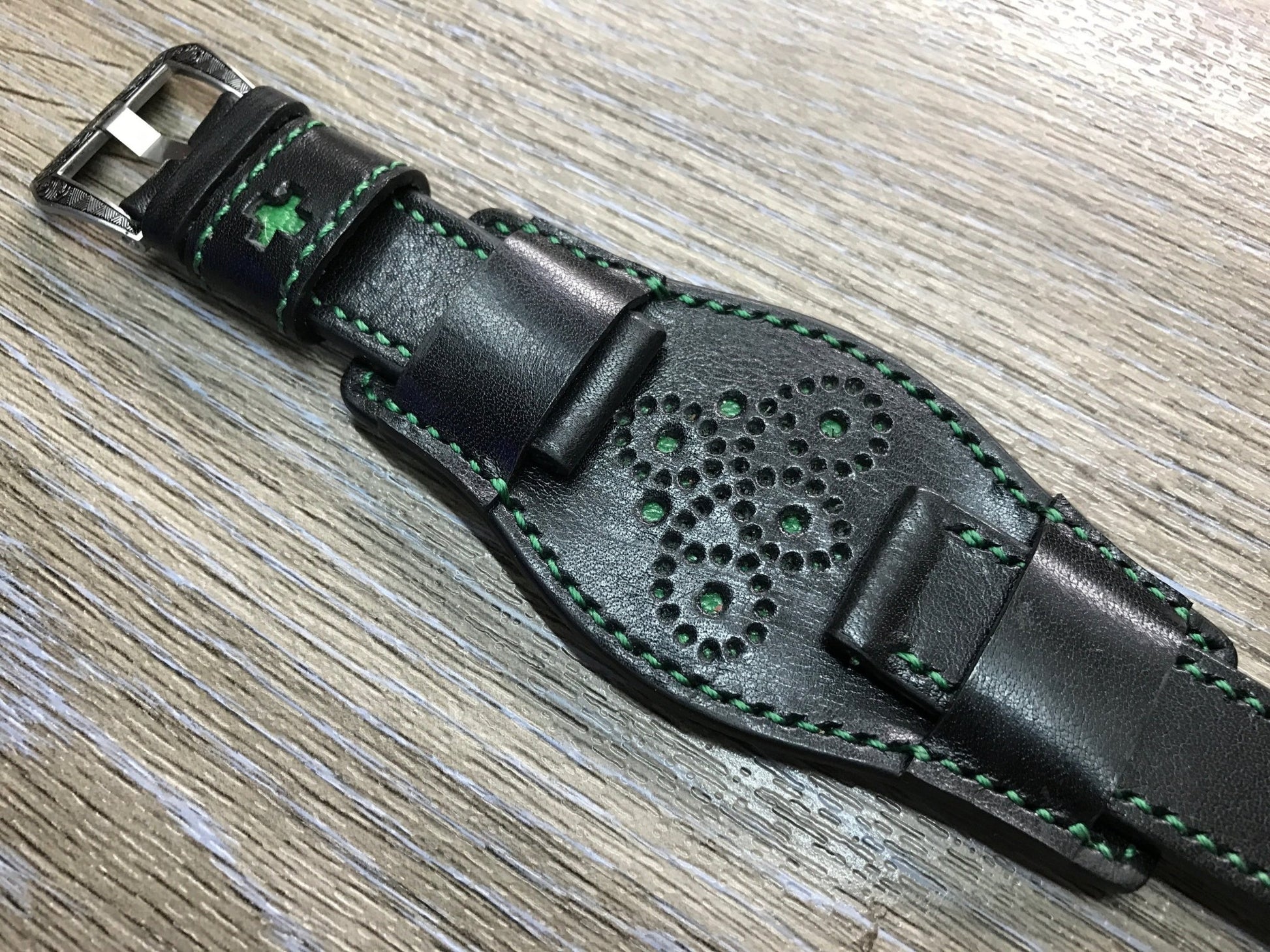 Black full bund strap, Handmade, Leather Cuff watch band, brogue pattern watch strap, 20mm, Bespoke, leather watch band, Free shipping - eternitizzz-straps-and-accessories