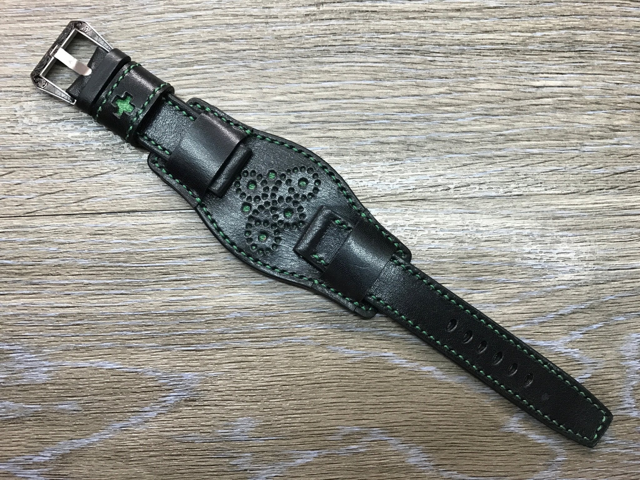 Black full bund strap, Handmade, Leather Cuff watch band, brogue pattern watch strap, 20mm, Bespoke, leather watch band, Free shipping - eternitizzz-straps-and-accessories