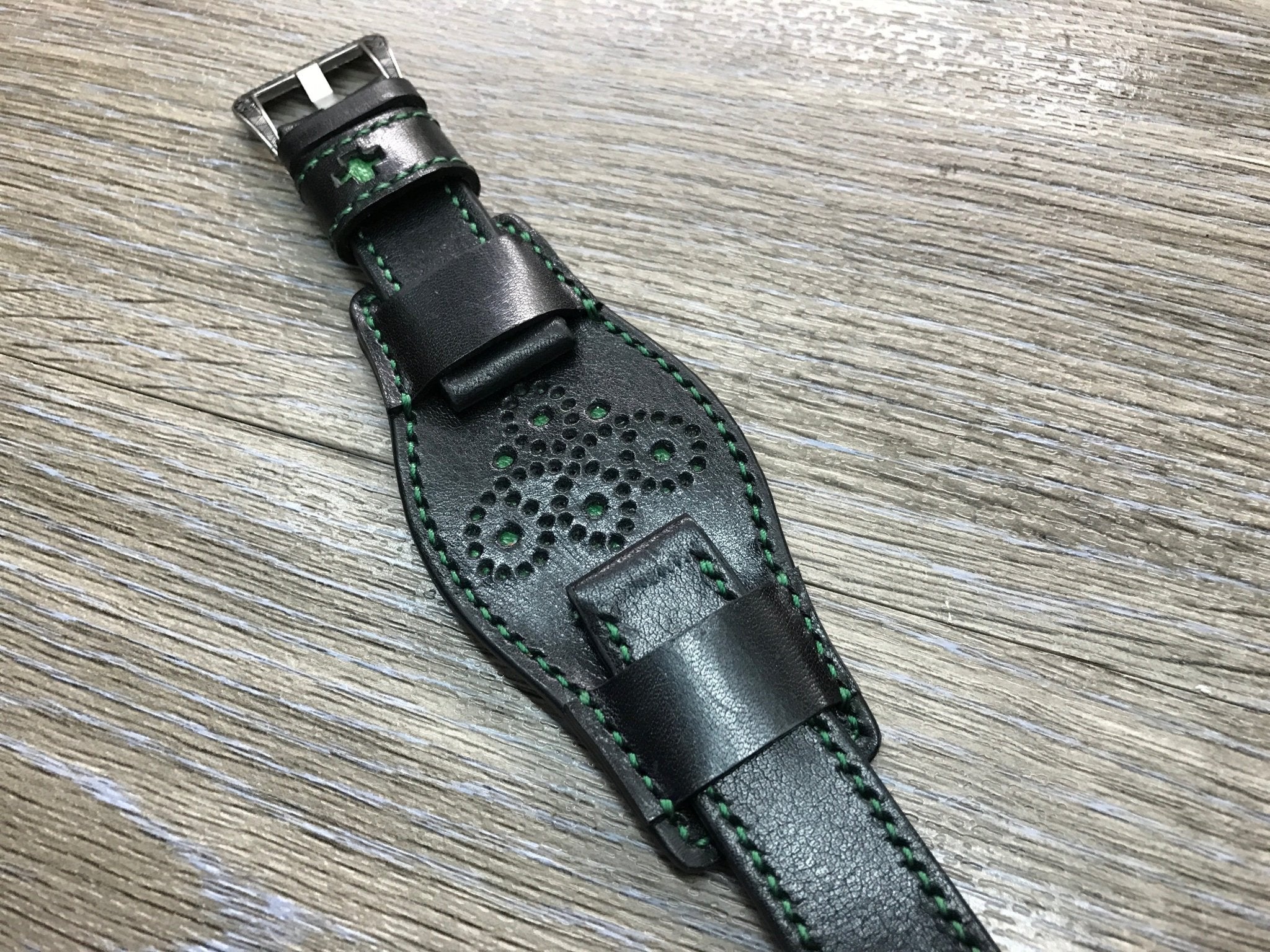 Black full bund strap, Handmade, Leather Cuff watch band, brogue pattern watch strap, 20mm, Bespoke, leather watch band, Free shipping - eternitizzz-straps-and-accessories