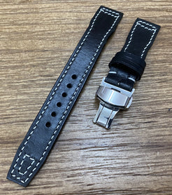 Black Genuine Leather Pilot Watch Strap 22mm, Leather Watch Band 20mm, Aviator Watch Straps with Deployant Clasp, Anniversary Gift Ideas for Boyfriend