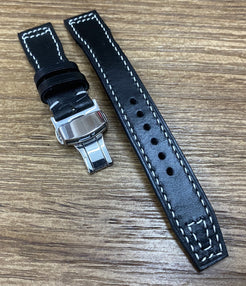 Aviator Watch Straps with Deployant Clasp, Black Genuine Leather Pilot Watch Strap 22mm, Leather Watch Band 20mm, Aviator Watch Straps with Deployant Clasp, Anniversary Gift Ideas for Boyfriend