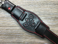 Black full bund strap, Handmade, Leather Cuff watch band, Red brogue pattern watch strap, 20mm, Bespoke, leather watch band, Free shipping - eternitizzz-straps-and-accessories