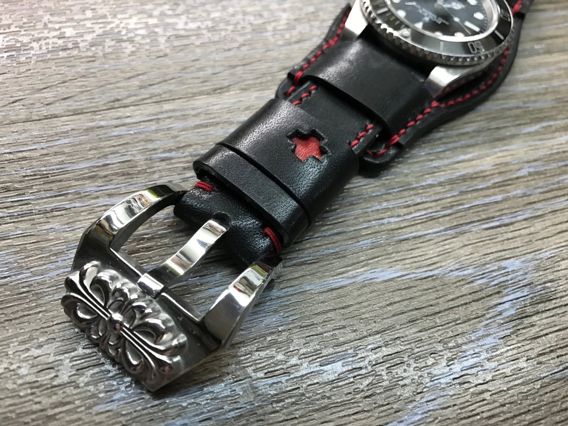 Black full bund strap, Handmade, Leather Cuff watch band, Red brogue pattern watch strap, 20mm, Bespoke, leather watch band, Free shipping - eternitizzz-straps-and-accessories