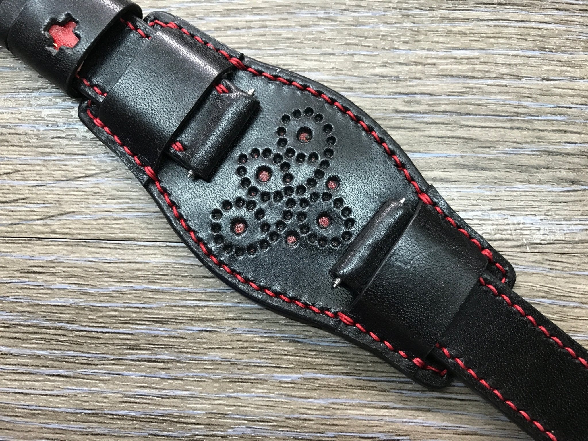 Black full bund strap, Handmade, Leather Cuff watch band, Red brogue pattern watch strap, 20mm, Bespoke, leather watch band, Free shipping - eternitizzz-straps-and-accessories