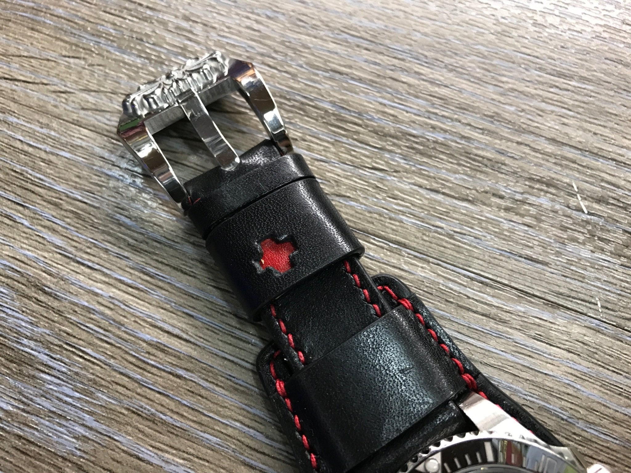 Black full bund strap, Handmade, Leather Cuff watch band, Red brogue pattern watch strap, 20mm, Bespoke, leather watch band, Free shipping - eternitizzz-straps-and-accessories