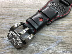 Black full bund strap, Handmade, Leather Cuff watch band, Red brogue pattern watch strap, 20mm, Bespoke, leather watch band, Free shipping - eternitizzz-straps-and-accessories