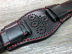 Black full bund strap, Handmade, Leather Cuff watch band, Red brogue pattern watch strap, 20mm, Bespoke, leather watch band, Free shipping - eternitizzz-straps-and-accessories