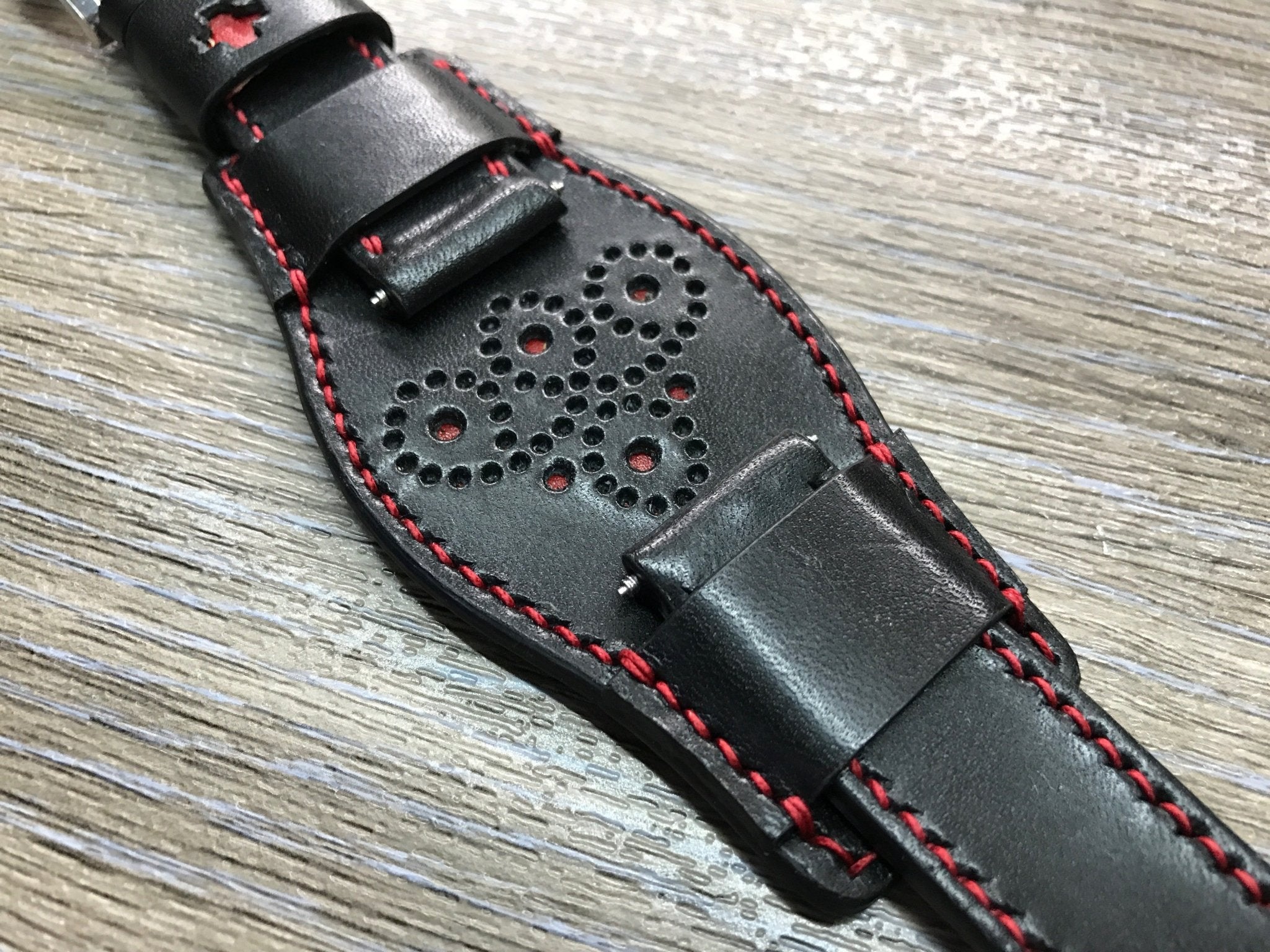 Black full bund strap, Handmade, Leather Cuff watch band, Red brogue pattern watch strap, 20mm, Bespoke, leather watch band, Free shipping - eternitizzz-straps-and-accessories