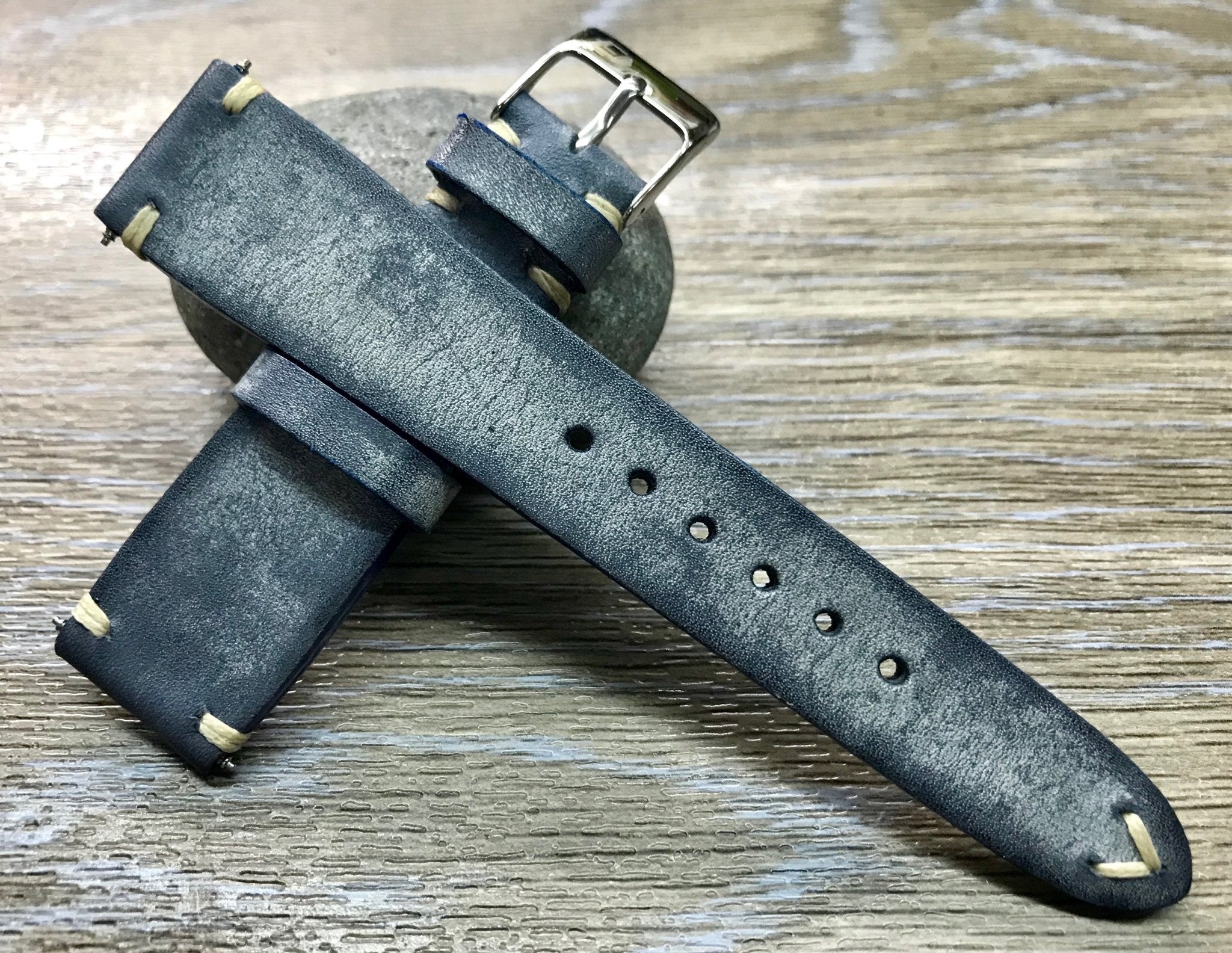 Blue Leather Watch Strap, Distress Leather Watch band 20mm, Rolex watch strap 19mm - eternitizzz-straps-and-accessories