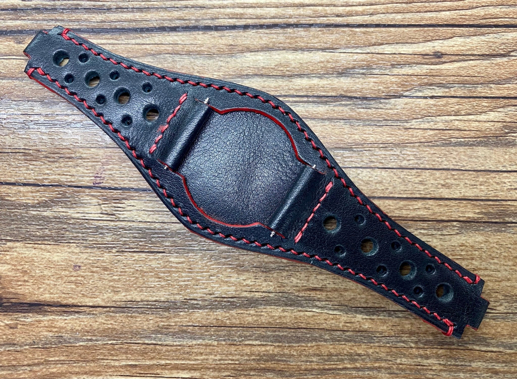 Leather Racing watch Straps 20mm with Deployant Clasp & Red Stitching, Full Bund Straps in 20mm, 19mm Black Rally Watch Band, Cuff Watch straps