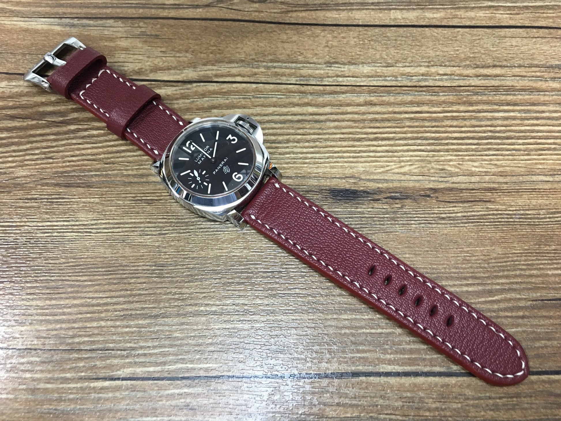 Leather Watch Strap, Panerai Watch Strap, Leather Watch Band 24mm, Dark Red Watch Band, Panerai, 26mm - eternitizzz-straps-and-accessories