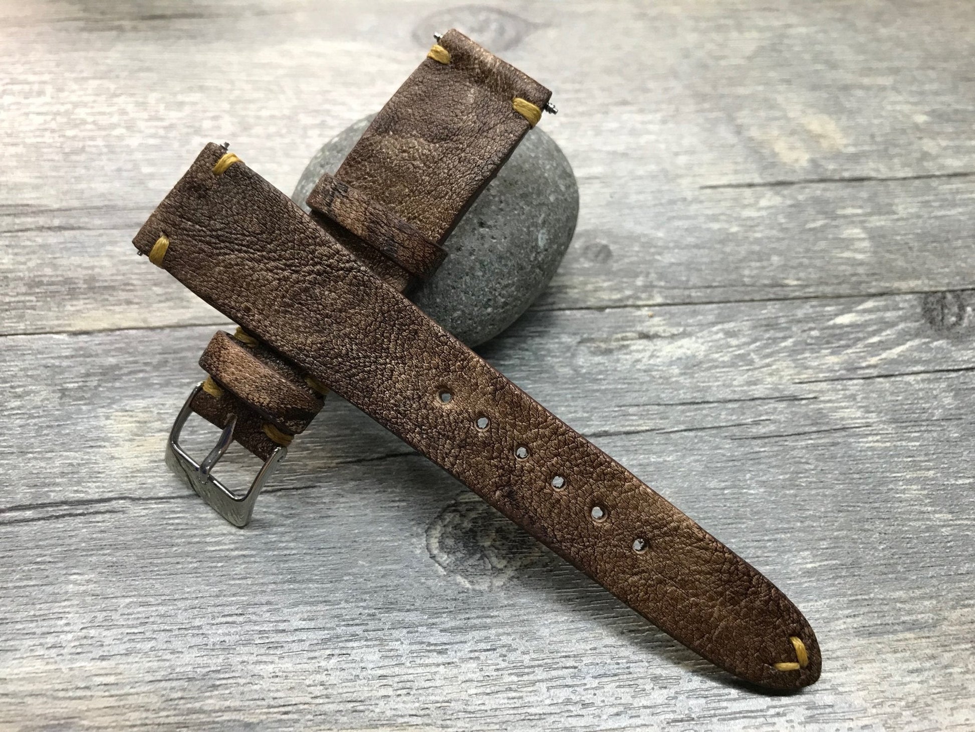 Leather Watch Strap, Rolex Watch Strap,  Leather Watch Band, 20mm, Brown Washed Antique, 19mm watch strap, 18mm Two piece watch Strap - eternitizzz-straps-and-accessories