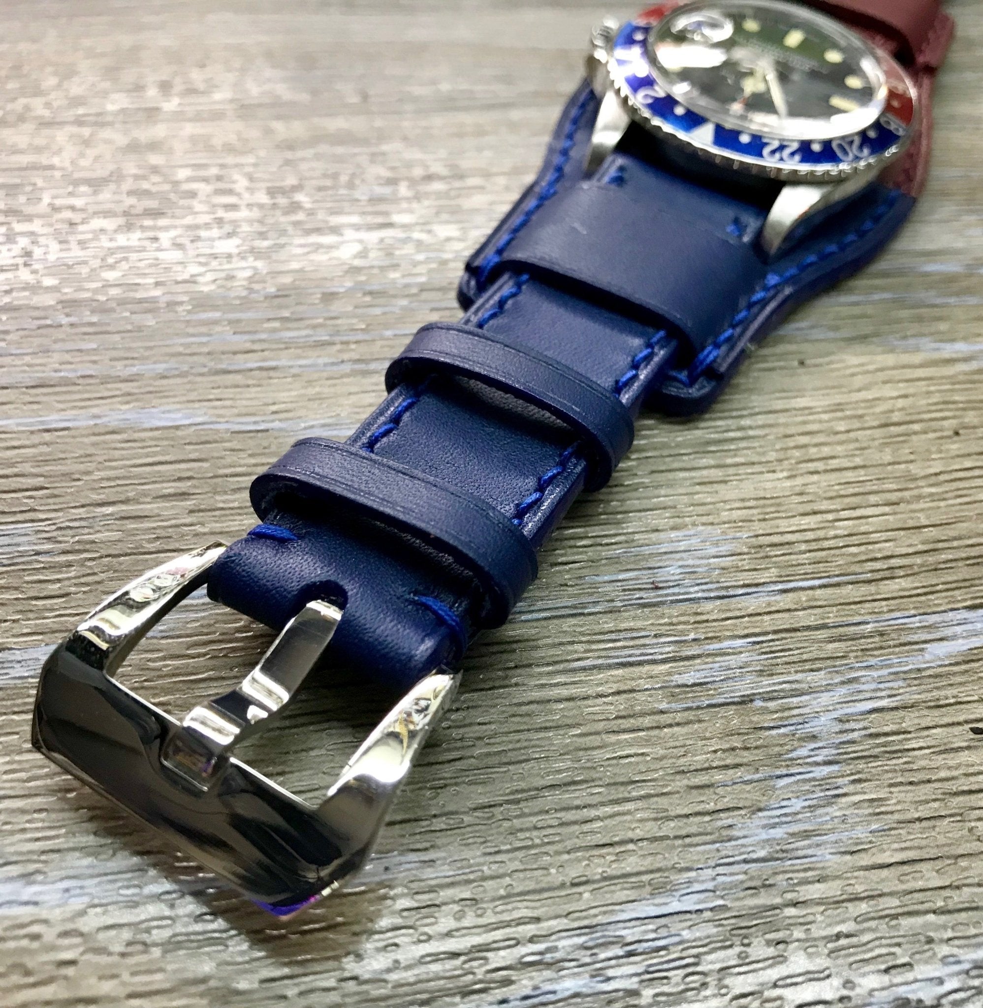 Leather Watch Straps, Leather Bund Straps, Watch Band for Rolex GMT Master 2 Pepsi, Watch Band, Leather Watch Strap 20mm, Blue Red Watch Strap - eternitizzz-straps-and-accessories