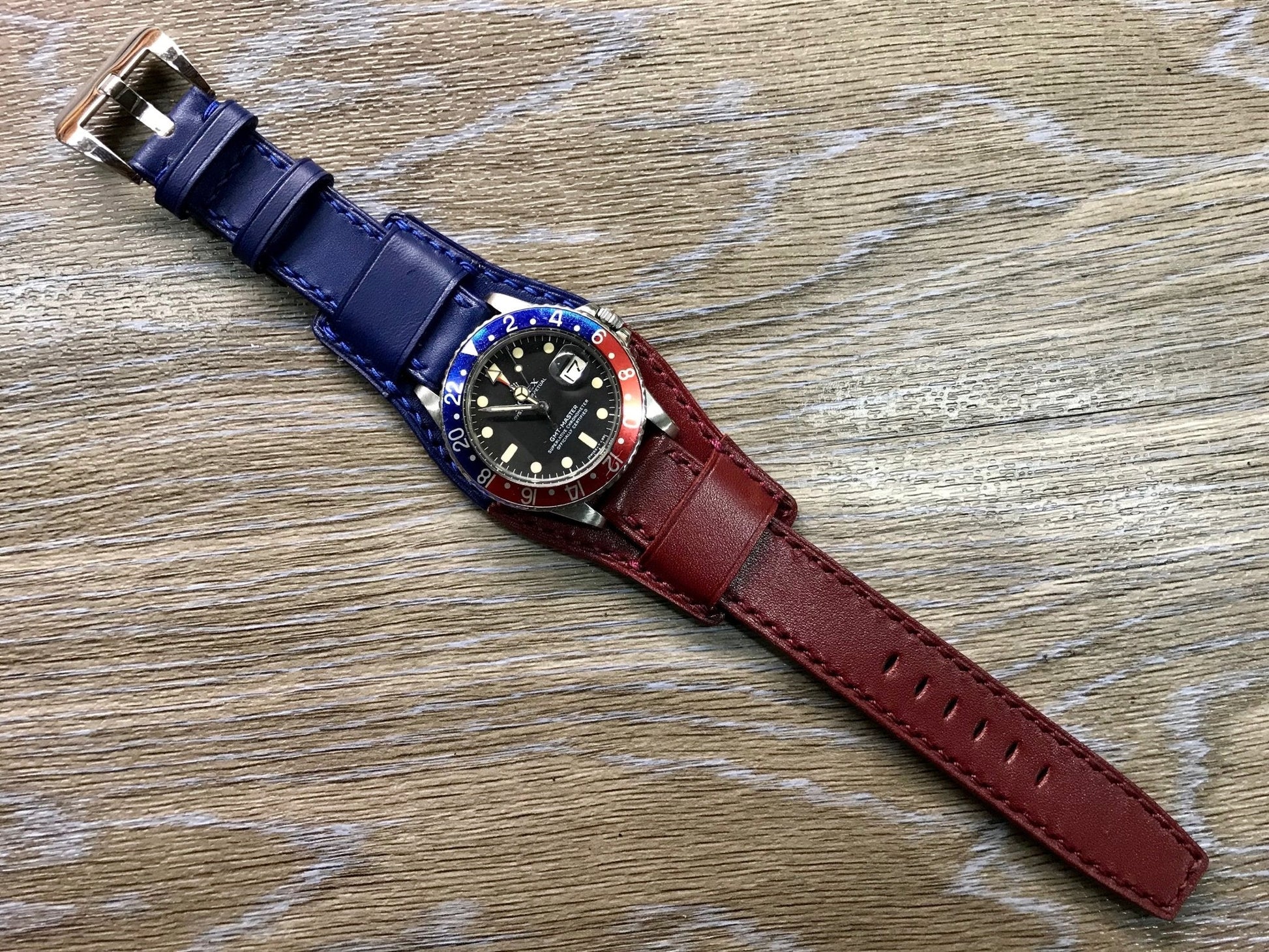 Leather Watch Straps, Leather Bund Straps, Watch Band for Rolex GMT Master 2 Pepsi, Watch Band, Leather Watch Strap 20mm, Blue Red Watch Strap - eternitizzz-straps-and-accessories