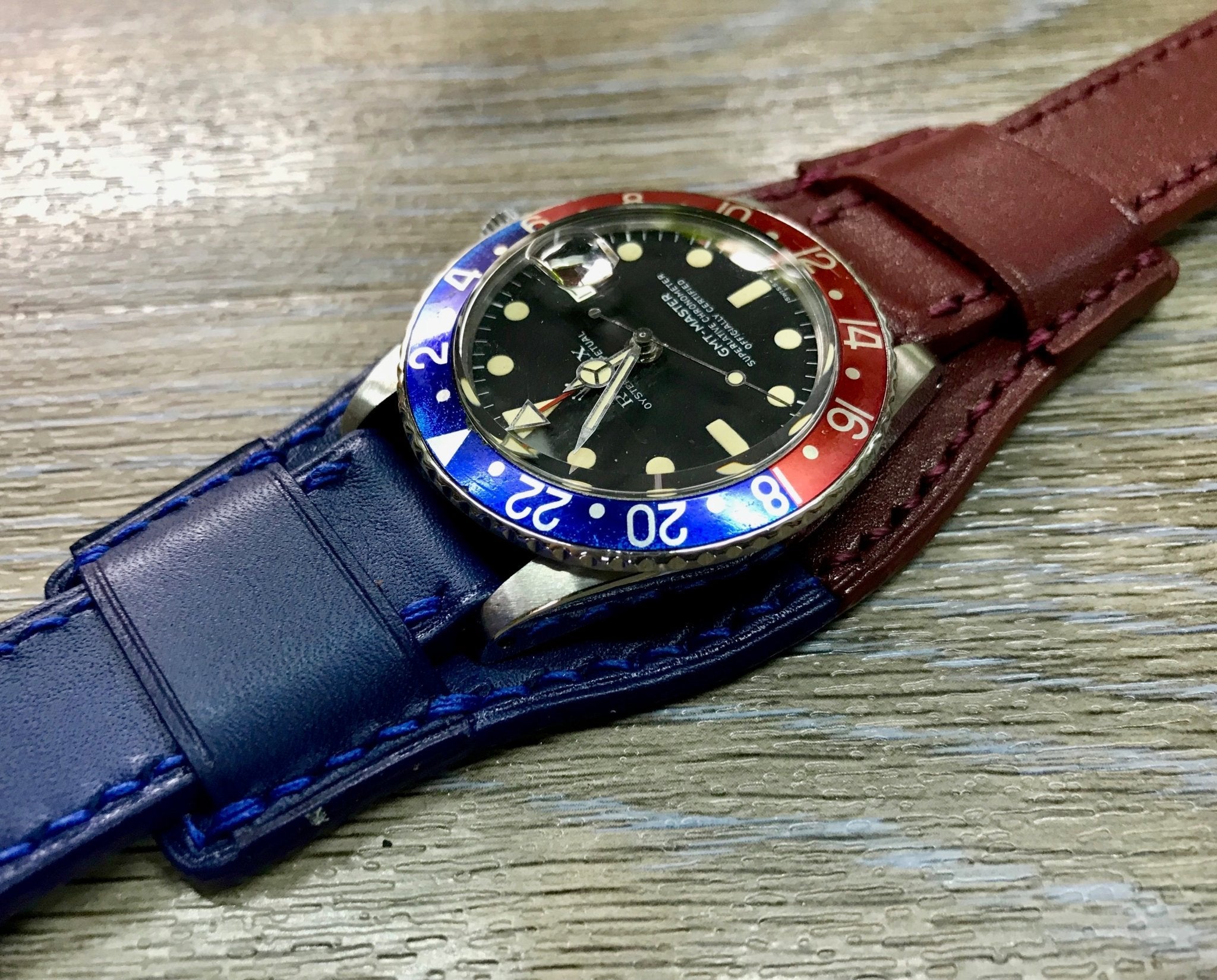 Leather Watch Straps, Leather Bund Straps, Watch Band for Rolex GMT Master 2 Pepsi, Watch Band, Leather Watch Strap 20mm, Blue Red Watch Strap - eternitizzz-straps-and-accessories