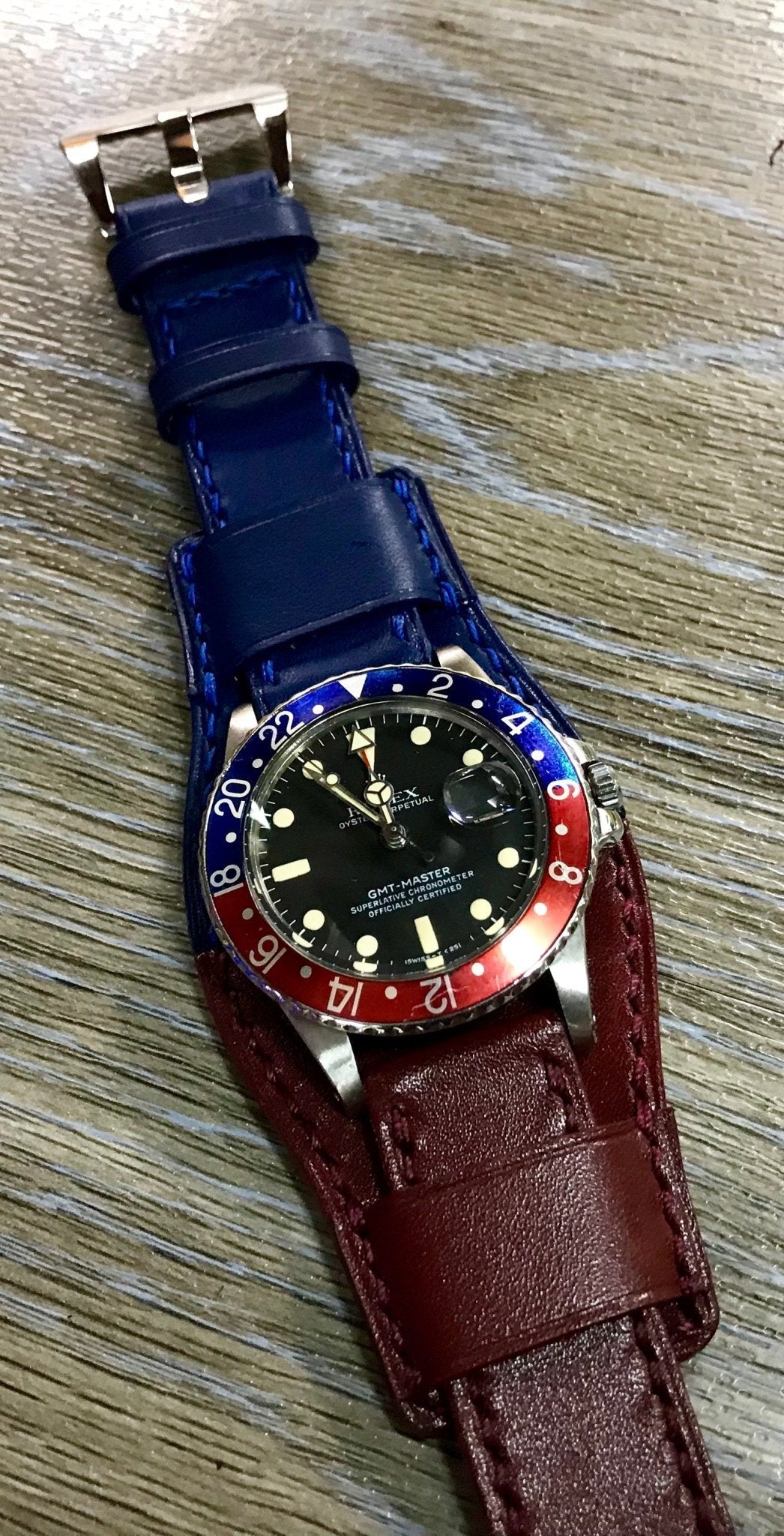 Leather Watch Straps, Leather Bund Straps, Watch Band for Rolex GMT Master 2 Pepsi, Watch Band, Leather Watch Strap 20mm, Blue Red Watch Strap - eternitizzz-straps-and-accessories