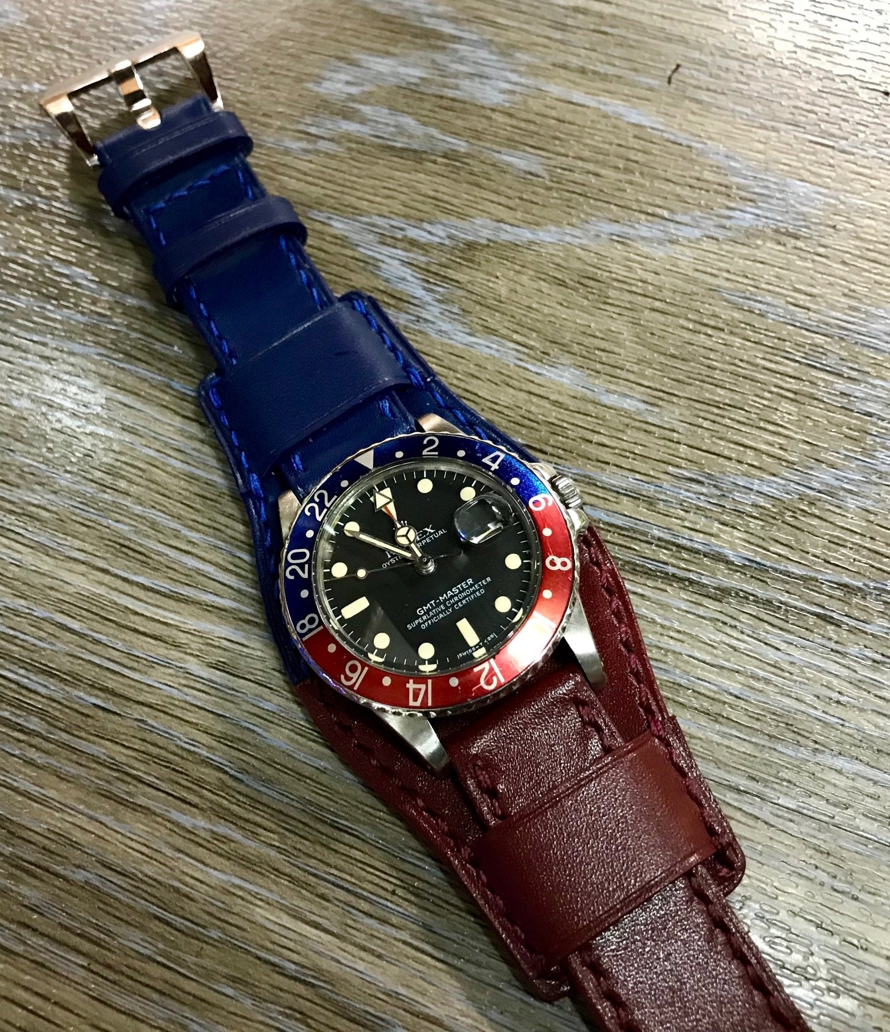 Leather Watch Straps, Leather Bund Straps, Watch Band for Rolex GMT Master 2 Pepsi, Watch Band, Leather Watch Strap 20mm, Blue Red Watch Strap - eternitizzz-straps-and-accessories