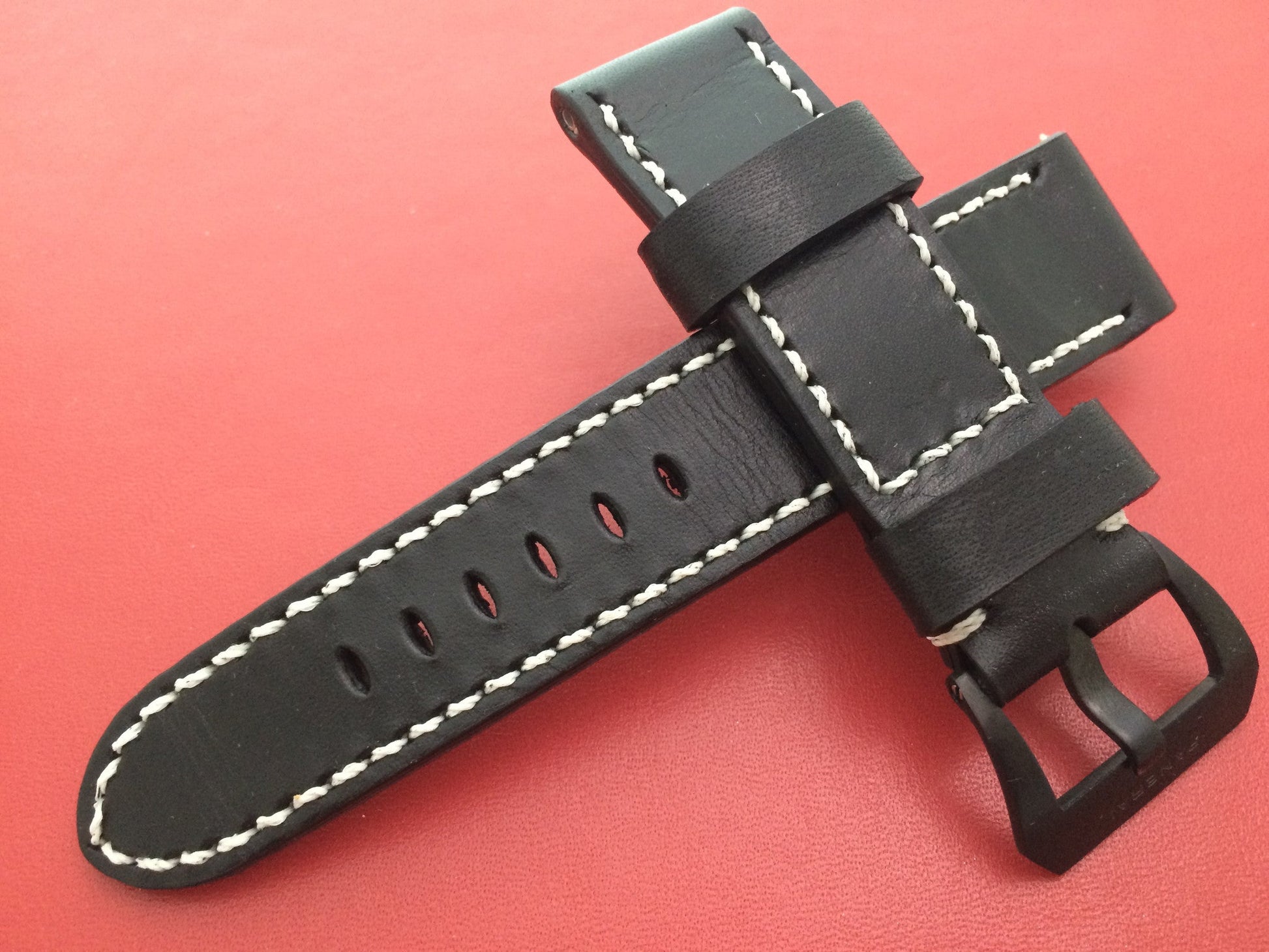 Real Leather Strap for Panerai watches (Pure Black) 24mm/22mm - With Glow In the Dark Stitching - eternitizzz-straps-and-accessories