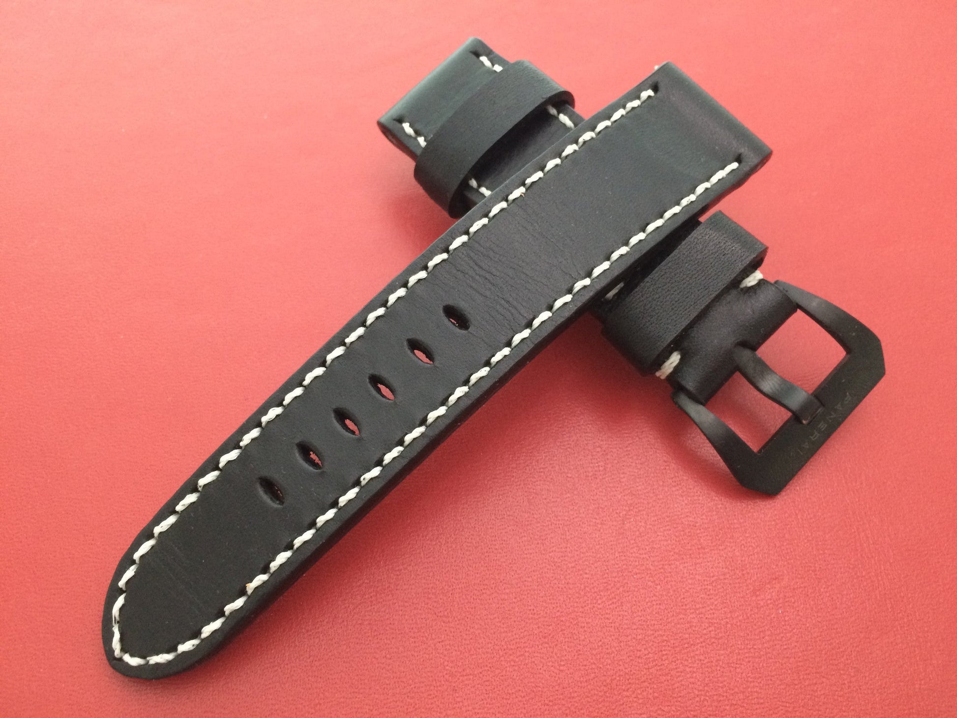 Real Leather Strap for Panerai watches (Pure Black) 24mm/22mm - With Glow In the Dark Stitching - eternitizzz-straps-and-accessories