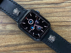 Dogs Lover Watch Straps, Bulldog sterling silver 925 pin on Apple Watch Black Leather Watch Band 44mm, 40mm Series 5 and 6